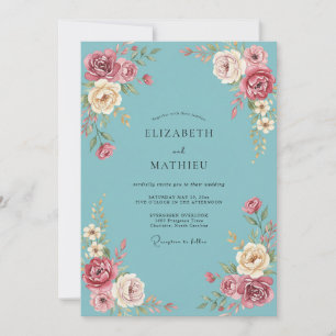 Invitation Mariage Romantique Bleu Poussiéreux Doré
