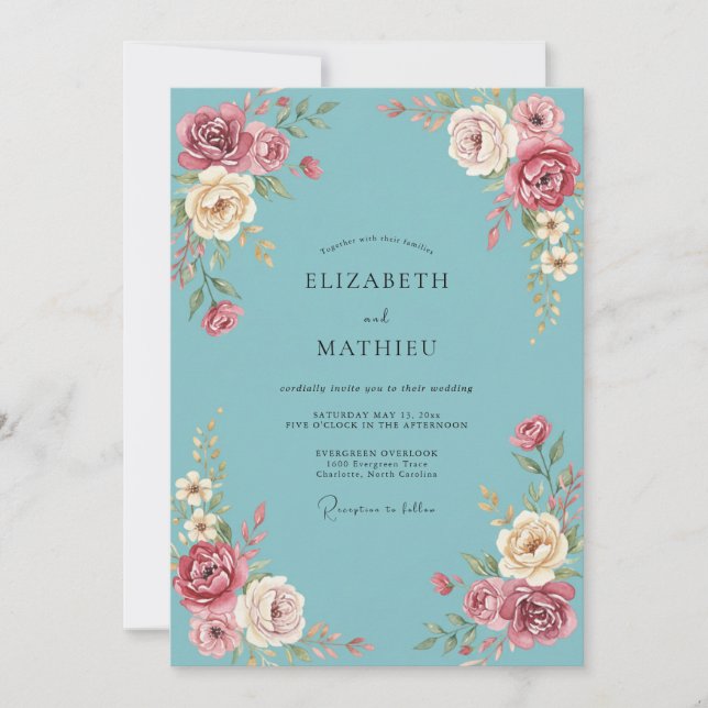Invitation Mariage Romantique Bleu Poussiéreux Doré (Devant)