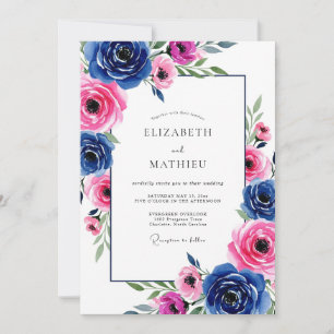Invitation Mariage romantique bleu royal vibrant