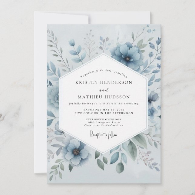 Invitation Mariage Romantique Blue Bloom (Devant)
