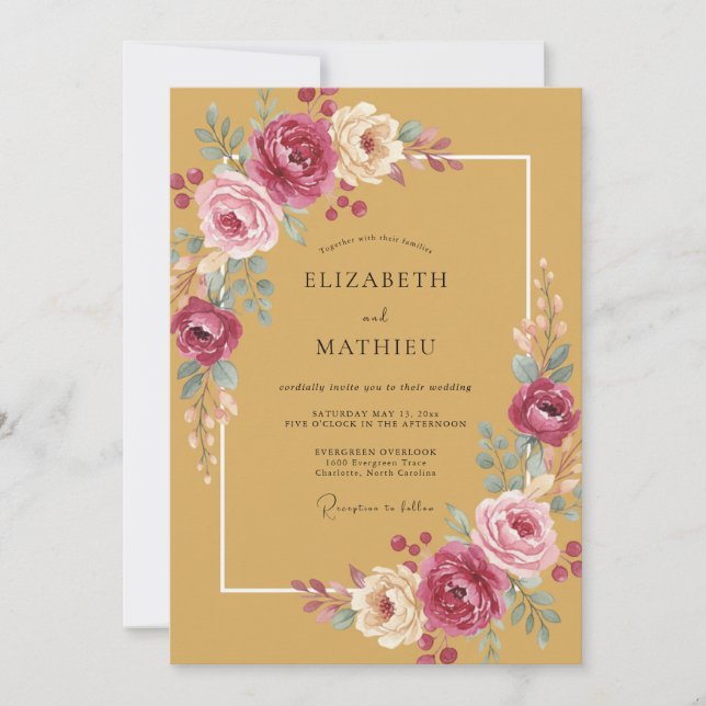 Invitation Mariage Romantique Bohème Jaune Moutarde (Devant)