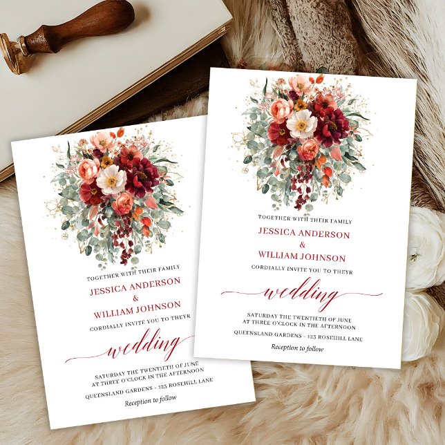 Invitation Mariage Romantique Boho Bourgogne Fleurs Automne  (Romantic Boho Burgundy Flowers Autumn Wedding Invite

)