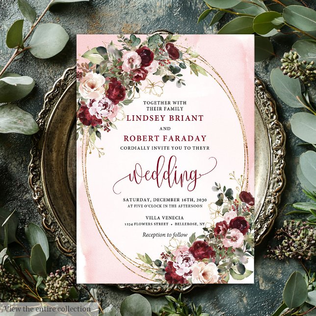 Invitation Mariage romantique Boho Marsala Blush Roses dorées (Romantic Boho Marsala Blush Gold Roses Wedding Invite

)