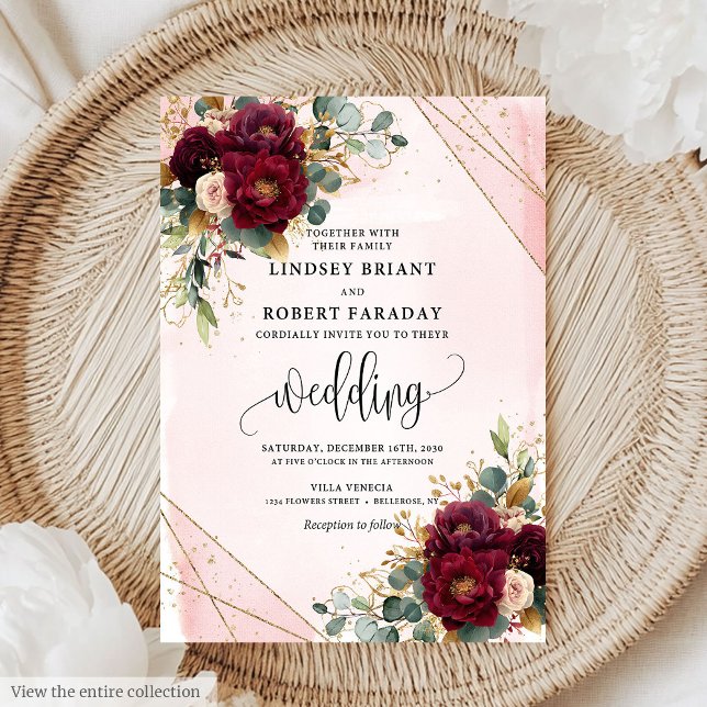 Invitation Mariage romantique Boho Marsala Gold Blush (Romantic Boho Marsala Gold Blush Flowers Wedding Invitation)