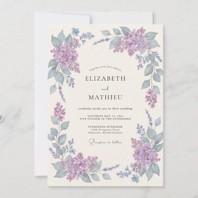 Invitation Mariage Romantique Botanique à la Lavande (Devant)