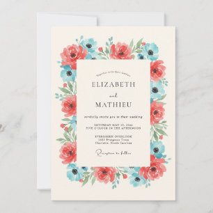 Invitation Mariage Romantique Botanique Aqua Corail