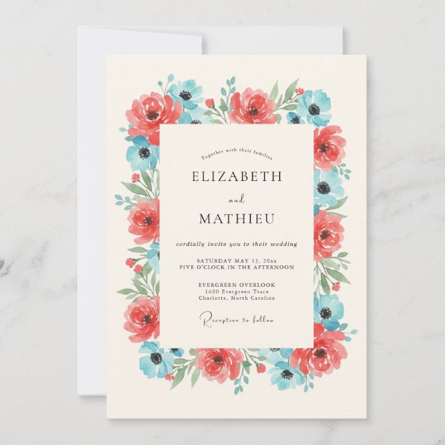 Invitation Mariage Romantique Botanique Aqua Corail (Devant)