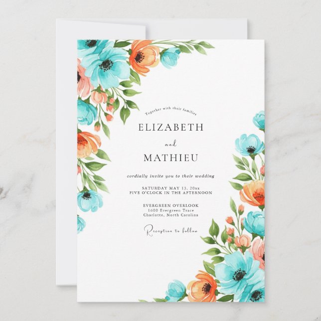 Invitation Mariage Romantique Botanique Aqua Corail (Devant)