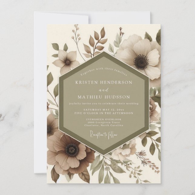 Invitation Mariage Romantique Botanique Beige (Devant)
