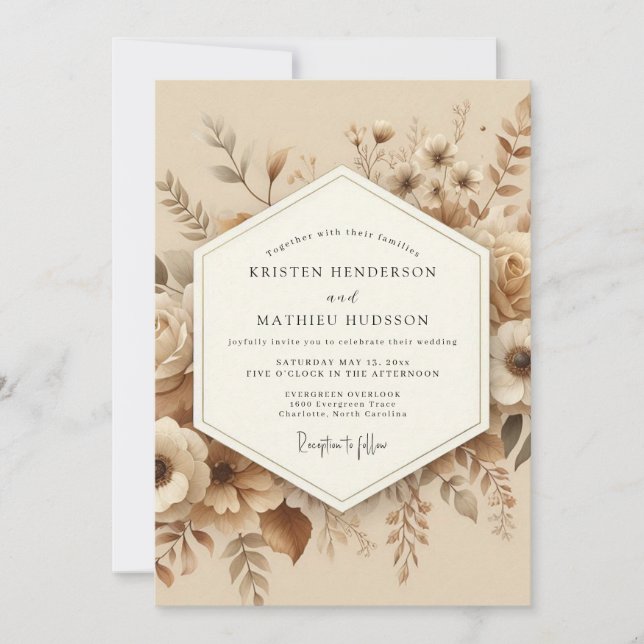 Invitation Mariage Romantique Botanique Beige (Devant)