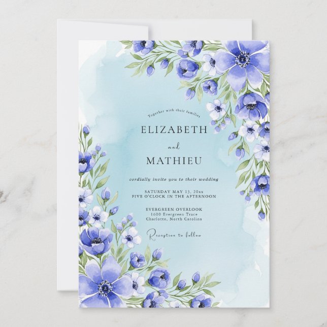 Invitation Mariage romantique botanique bleu (Devant)