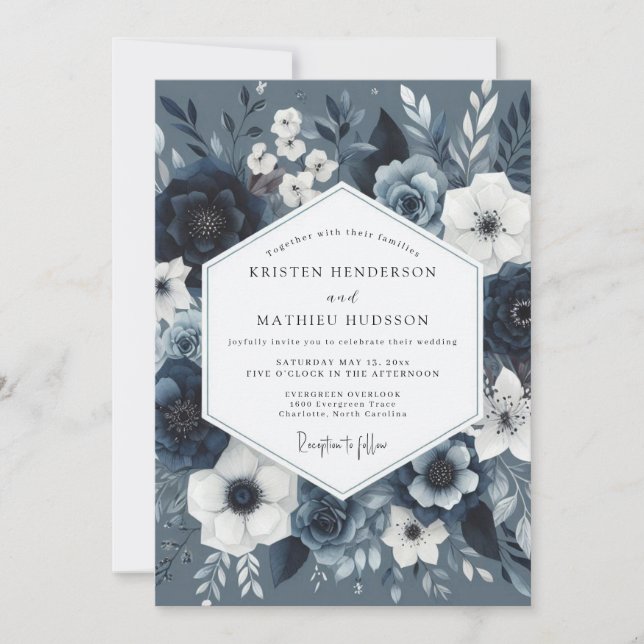 Invitation Mariage Romantique Botanique Bleu Ardoise (Devant)