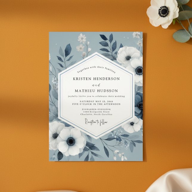 Invitation Mariage romantique botanique bleu ardoise (Créateur téléchargé)
