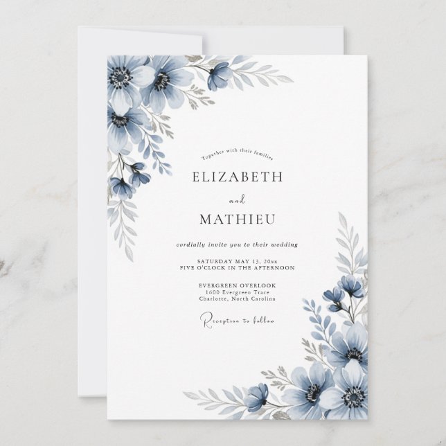 Invitation Mariage Romantique Botanique Bleu Ardoise (Devant)
