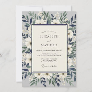 Invitation Mariage Romantique Botanique Bleu Blanc