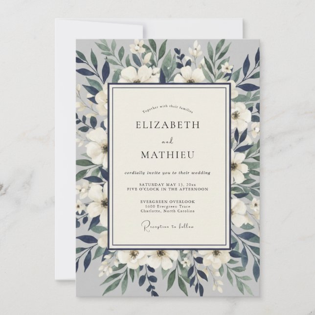 Invitation Mariage Romantique Botanique Bleu Blanc (Devant)