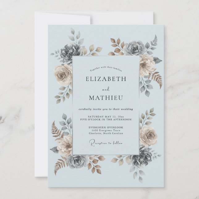 Invitation Mariage Romantique Botanique Bleu Céleste (Devant)