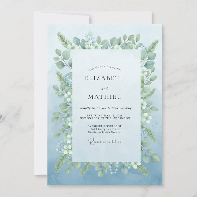 Invitation Mariage Romantique Botanique Bleu Clair (Devant)