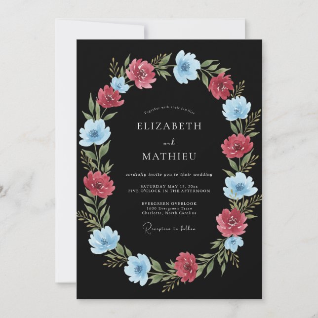 Invitation Mariage Romantique Botanique Bleu Corail (Devant)