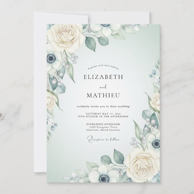 Invitation Mariage Romantique Botanique Bleu Crème (Devant)