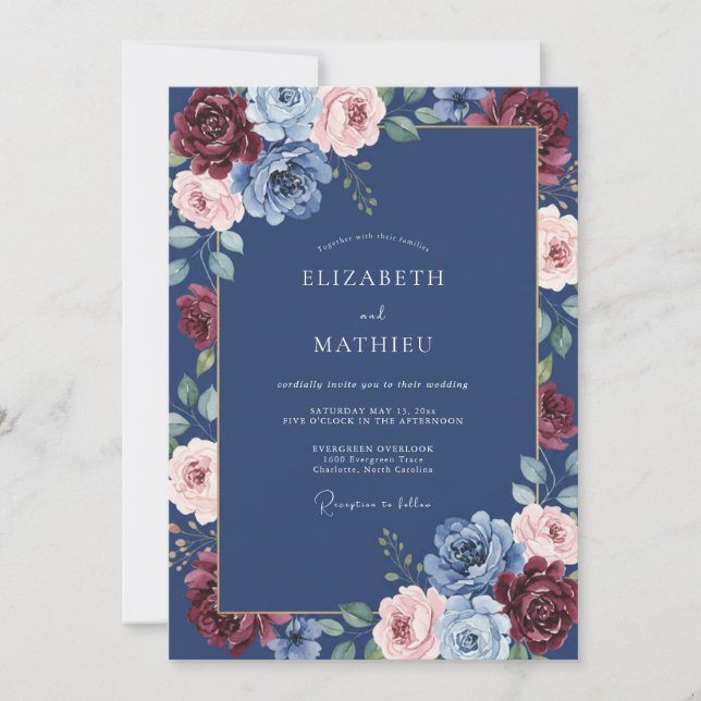 Invitation Mariage romantique botanique bleu de Bourgogne (Devant)