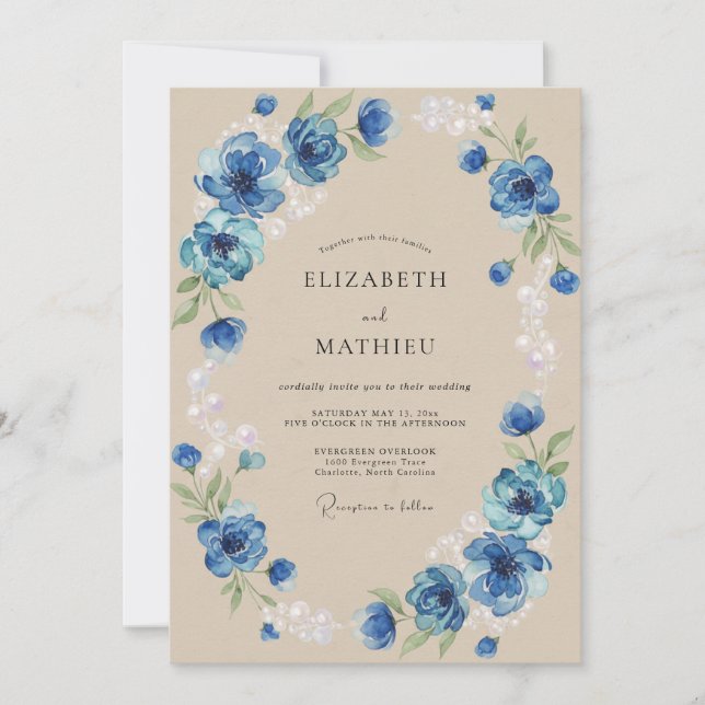 Invitation Mariage Romantique Botanique Bleu de Cobalt (Devant)