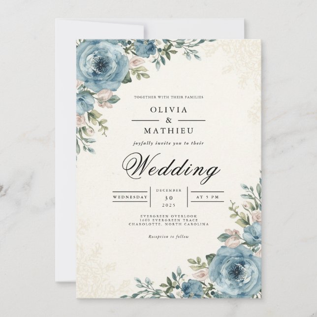 Invitation Mariage romantique botanique bleu éthéré (Devant)