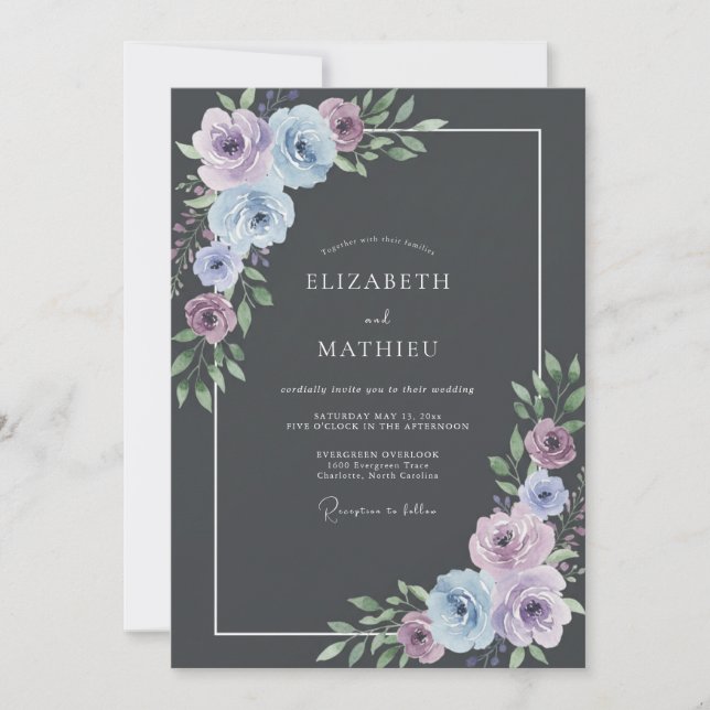 Invitation Mariage Romantique Botanique Bleu Lavande (Devant)