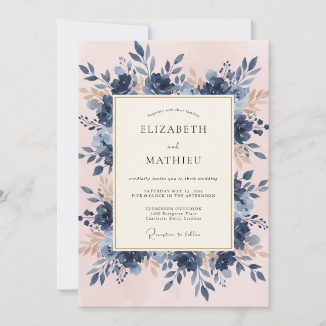 Invitation Mariage Romantique Botanique Bleu Marine (Devant)