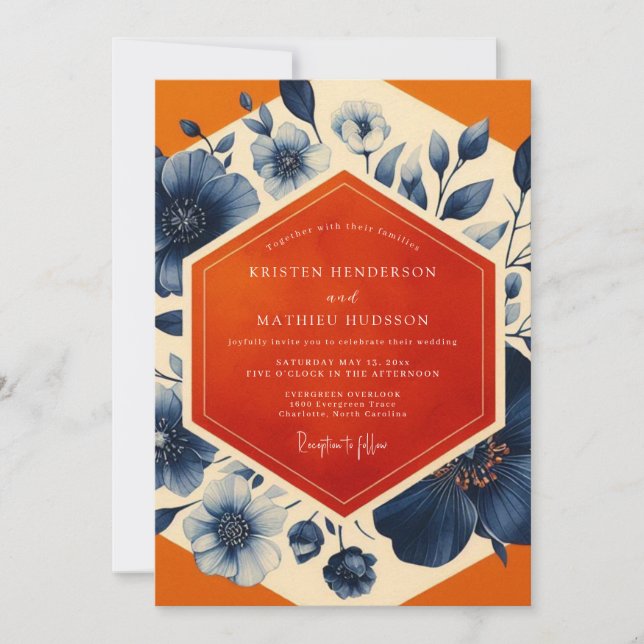 Invitation Mariage romantique botanique bleu marine (Devant)