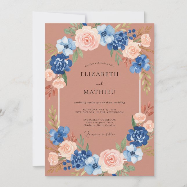 Invitation Mariage Romantique Botanique Bleu Pêche (Devant)
