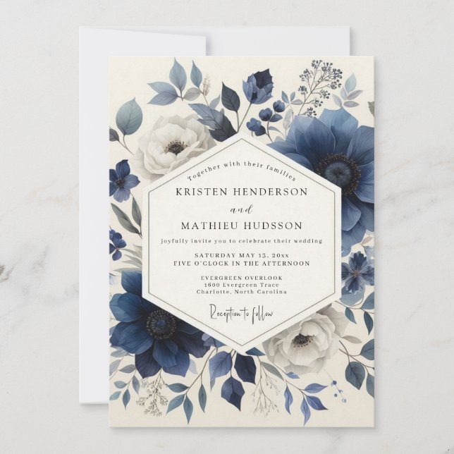 Invitation Mariage romantique botanique bleu profond (Devant)