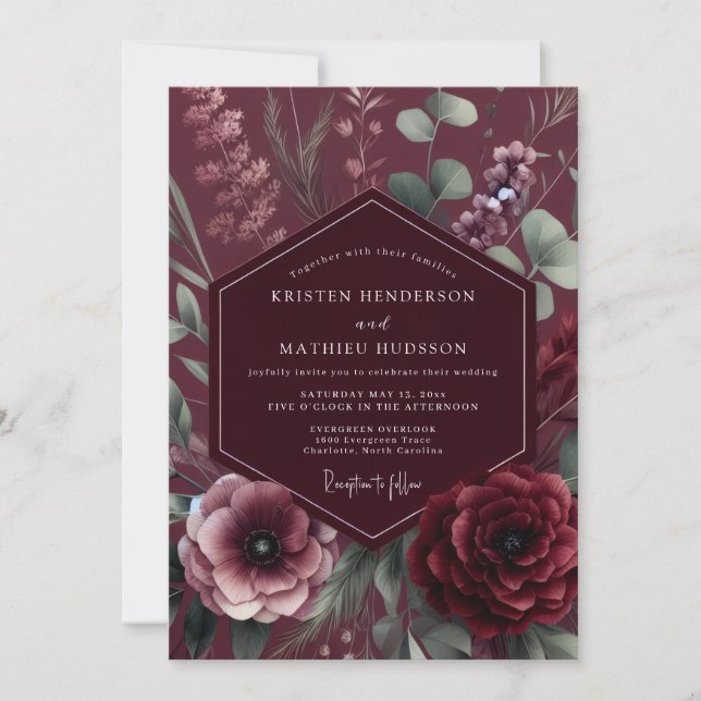 Invitation Mariage Romantique Botanique Bourguignon Maussade (Devant)