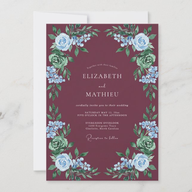 Invitation Mariage romantique botanique ciel de Bourgogne (Devant)