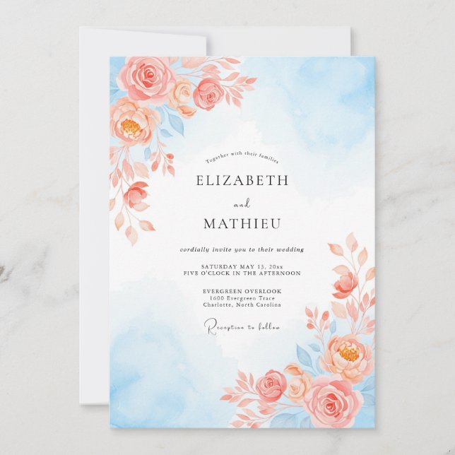 Invitation Mariage Romantique Botanique Ciel de Corail (Devant)