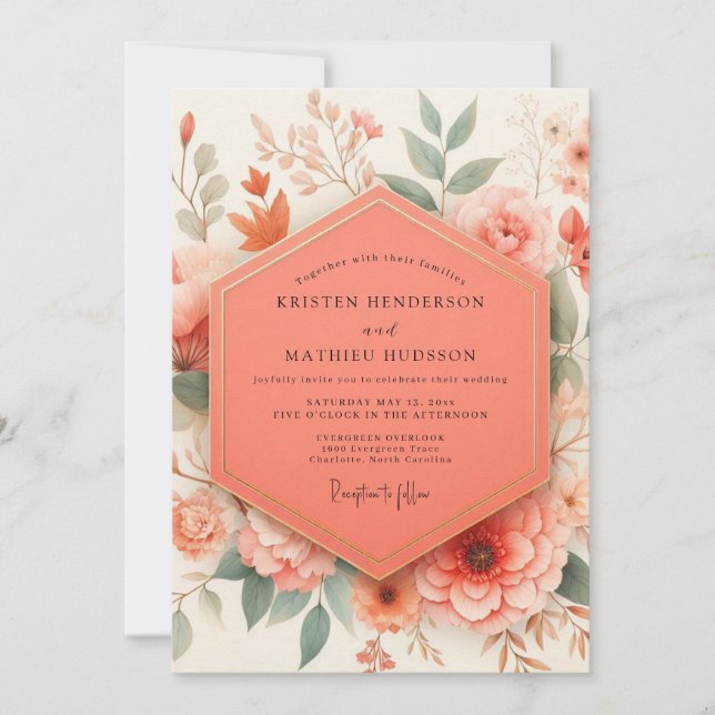 Invitation Mariage romantique botanique corail (Devant)