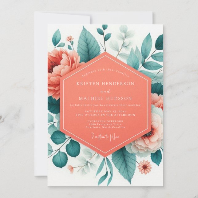 Invitation Mariage Romantique Botanique Corail (Devant)