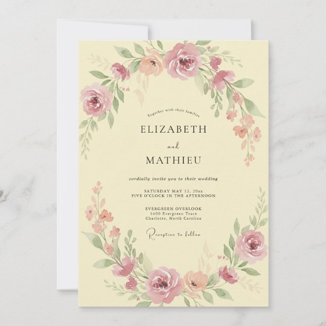 Invitation Mariage Romantique Botanique Corail Doux (Devant)