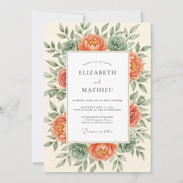 Invitation Mariage Romantique Botanique Corail Luxuriant (Devant)