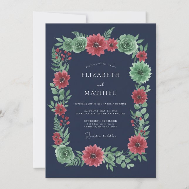 Invitation Mariage Romantique Botanique Corail Navy (Devant)