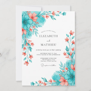 Invitation Mariage Romantique Botanique Corail Sarcelle