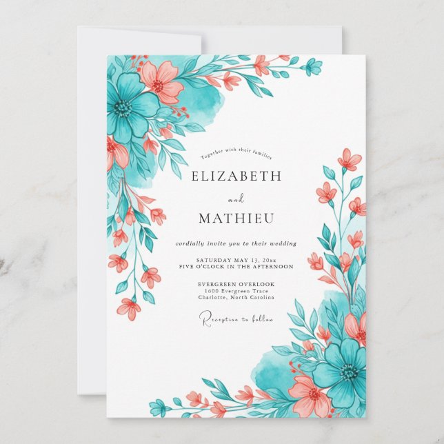 Invitation Mariage Romantique Botanique Corail Sarcelle (Devant)