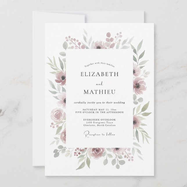 Invitation Mariage Romantique Botanique Douce Mauve (Devant)