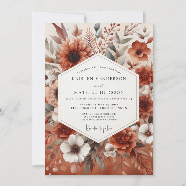 Invitation Mariage Romantique Botanique en Terracotta (Devant)