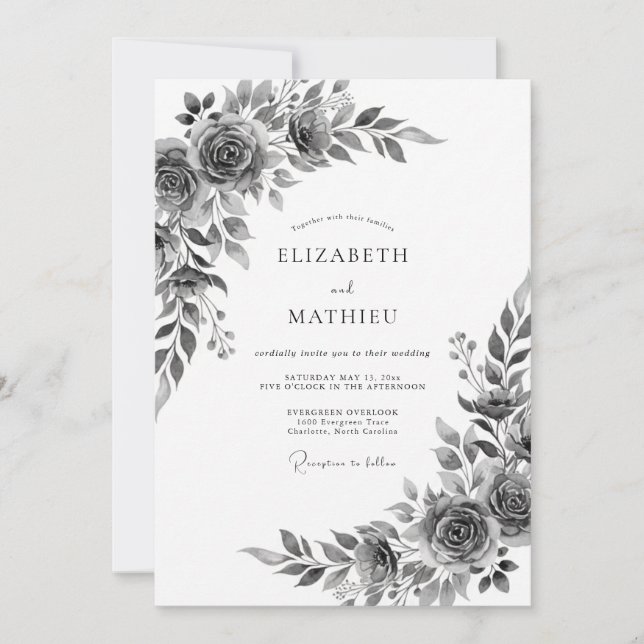 Invitation Mariage Romantique Botanique Floral Gris (Devant)
