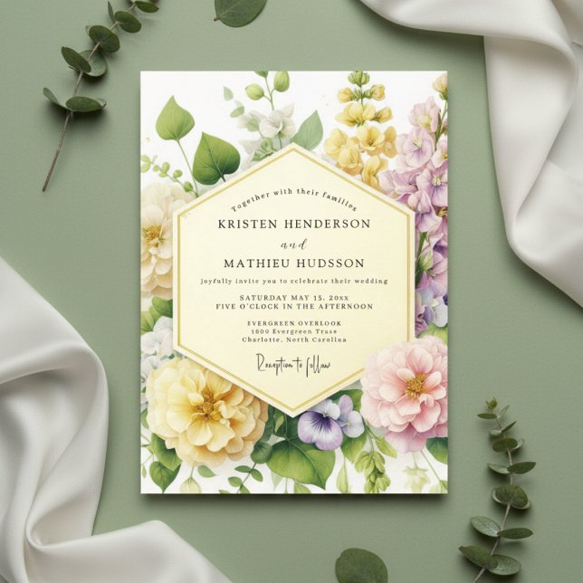 Invitation Mariage Romantique Botanique Floral Jaune (Créateur téléchargé)