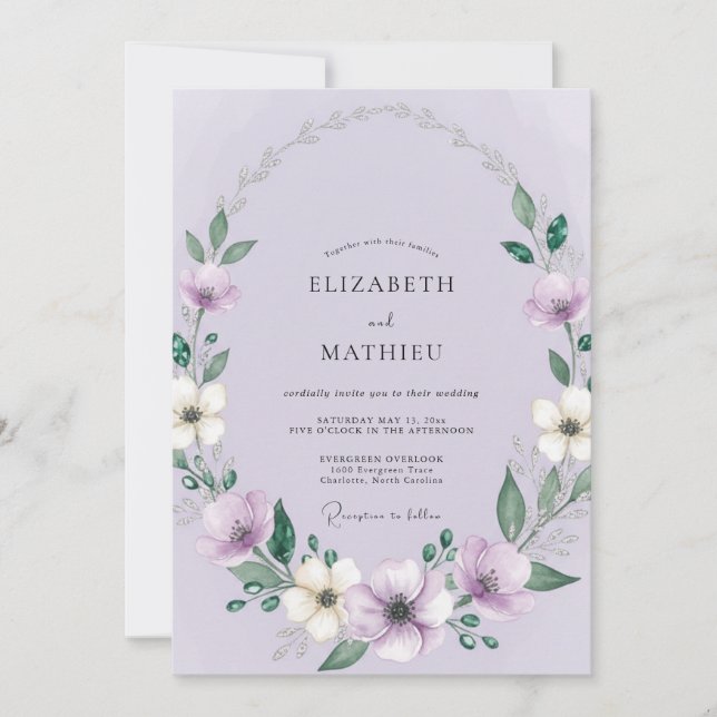 Invitation Mariage Romantique Botanique Floral Pervenche (Devant)
