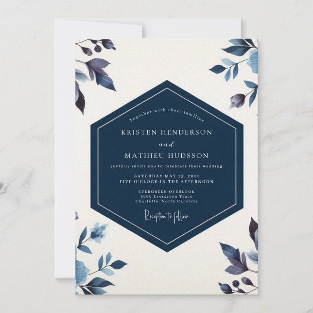 Invitation Mariage Romantique Botanique Indigo (Devant)