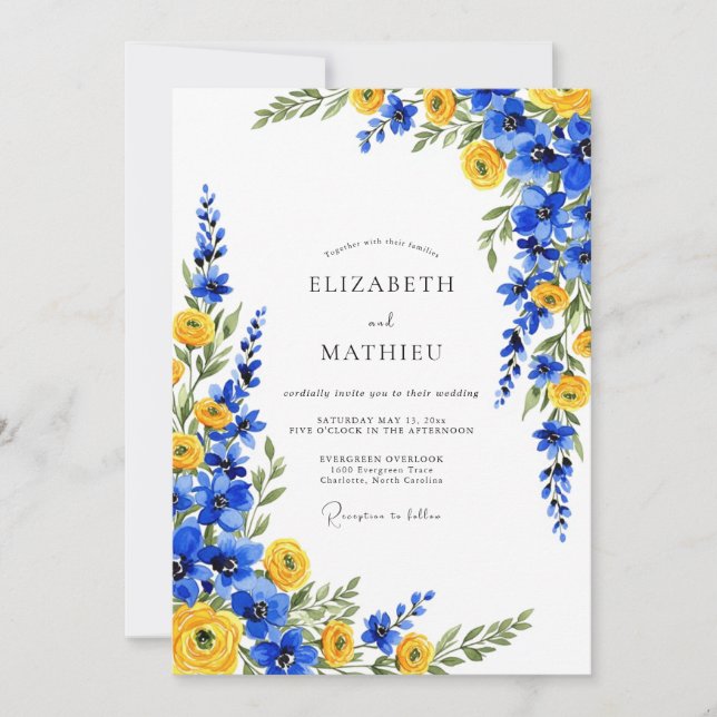 Invitation Mariage Romantique Botanique Jaune Bleu (Devant)