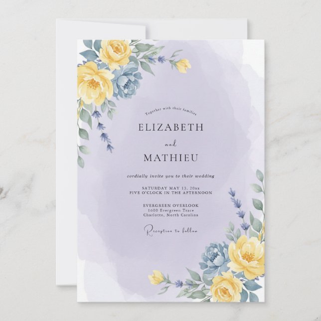 Invitation Mariage romantique botanique jaune lavande (Devant)